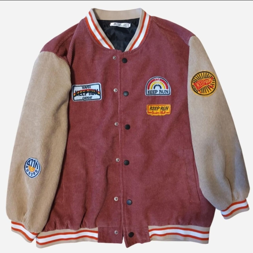 YesStyle Mens Red and Beige Corduroy Varsity Jacket with Patches